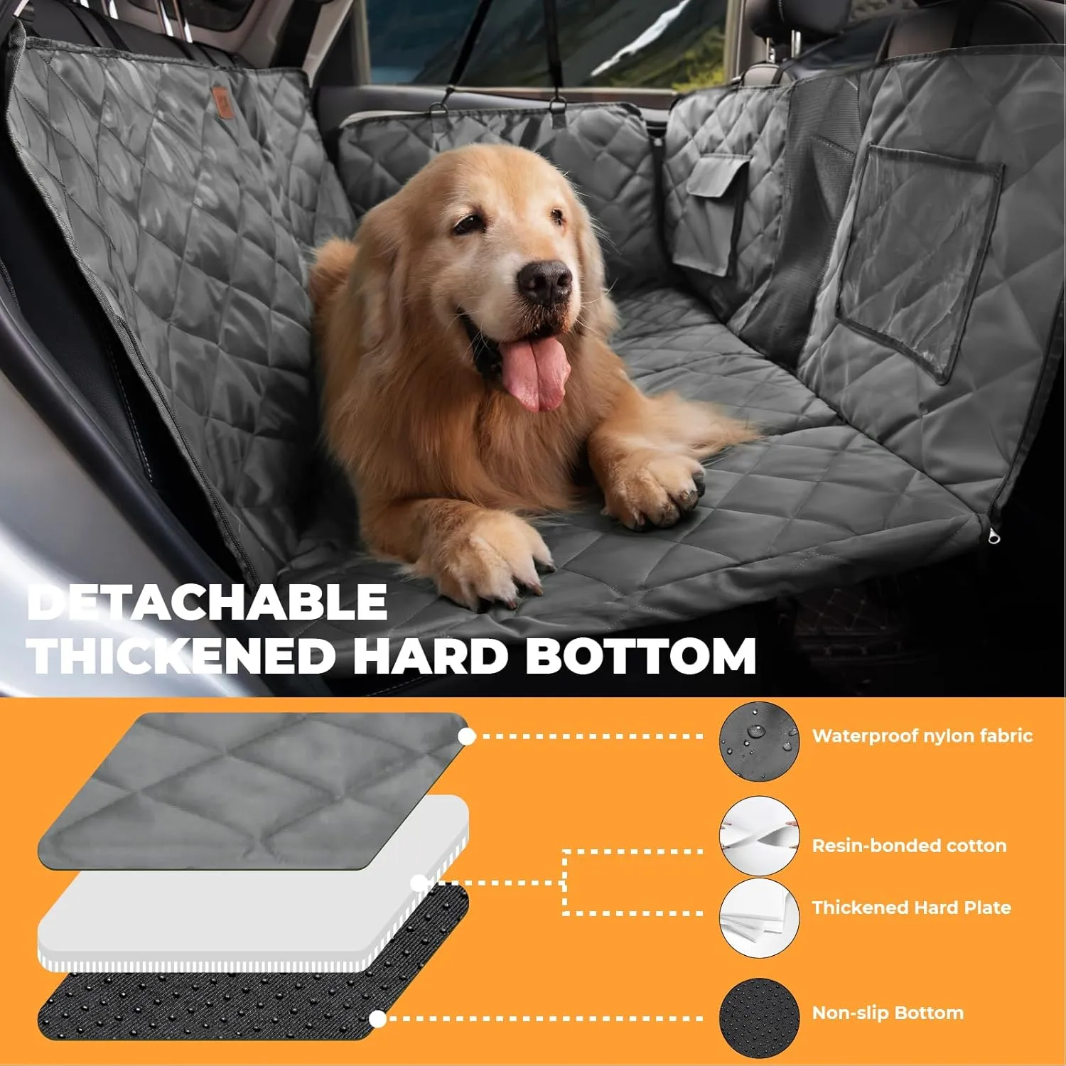 FUNNYFUZZY back seat extender for dogs, Extra-Large Hard Bottom Dog Car Seat Cover for Back Seat, 100% Waterproof Backseat Extender for Dogs, Dog Hammock for Car Dog Car Bed for Car, SUV, Truck, Grey
