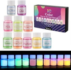 Glow in The Dark Pigment Powder, 10 Color Epoxy Resin Luminous Powder Non-Toxic Safety Powder for Acrylic Paint, Slime, Nails, Resin, Concerts or DIY - 20g/0.7oz Each