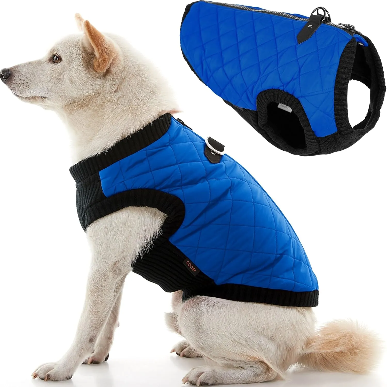 Gooby Fashion Vest Dog Jacket - Blue, X-Large - Warm Zip Up Bomber Vest with Dual D Ring Leash - Winter Water Resistant Small Dog Sweater