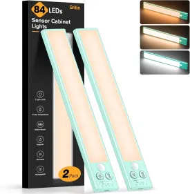 Gritin 10.2inch Under Cabinet Lighting Rechargeable -84 LED Super Bright,3-Color& 5 Level Brightness,4 Modes,Motion Sensor, Long Lasting- Easy Installation Magnetic Closet Lights -2 Pack-Blue