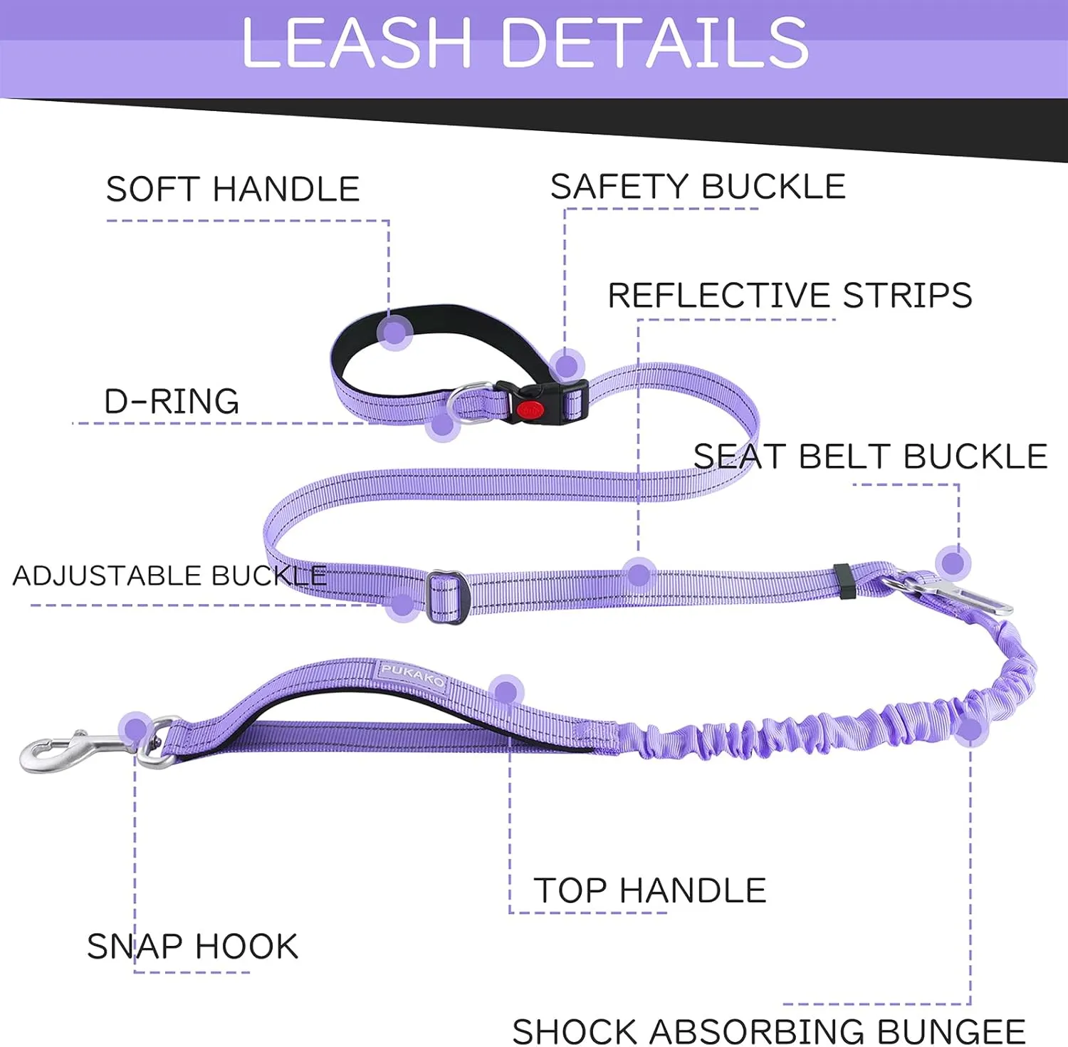 Hands Free Dog Waist Leash - Adjustable Heavy Duty for Small Medium Large Dogs Training Running - Reflective Bungee Elastic With Car Seat Belt 5-7FT Lavender