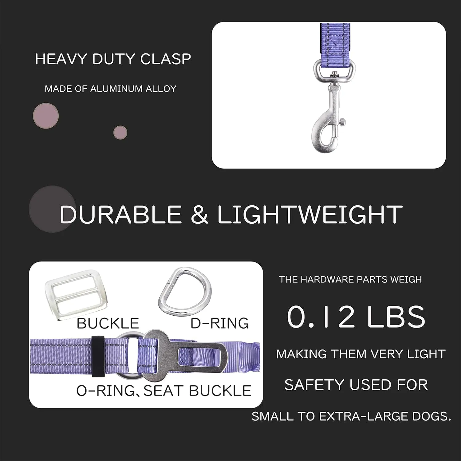 Hands Free Dog Waist Leash - Adjustable Heavy Duty for Small Medium Large Dogs Training Running - Reflective Bungee Elastic With Car Seat Belt 5-7FT Lavender