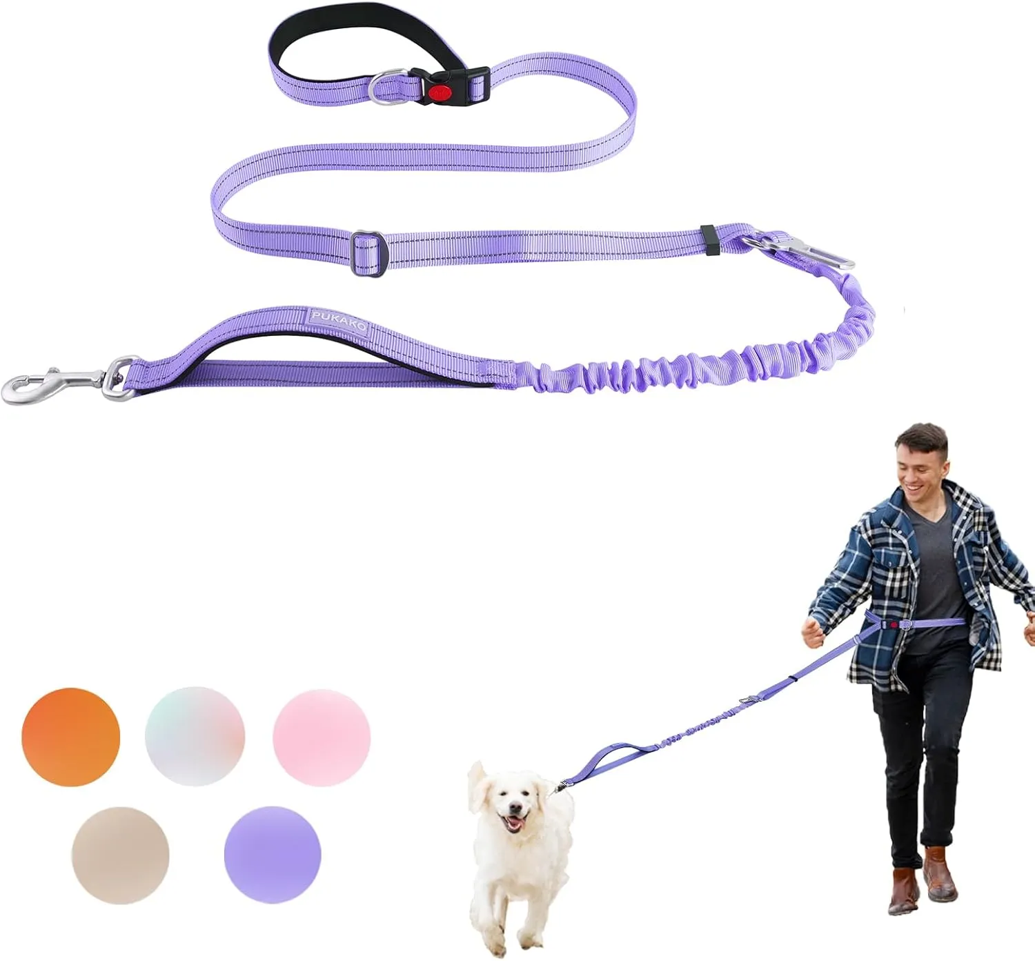 Hands Free Dog Waist Leash - Adjustable Heavy Duty for Small Medium Large Dogs Training Running - Reflective Bungee Elastic With Car Seat Belt 5-7FT Lavender