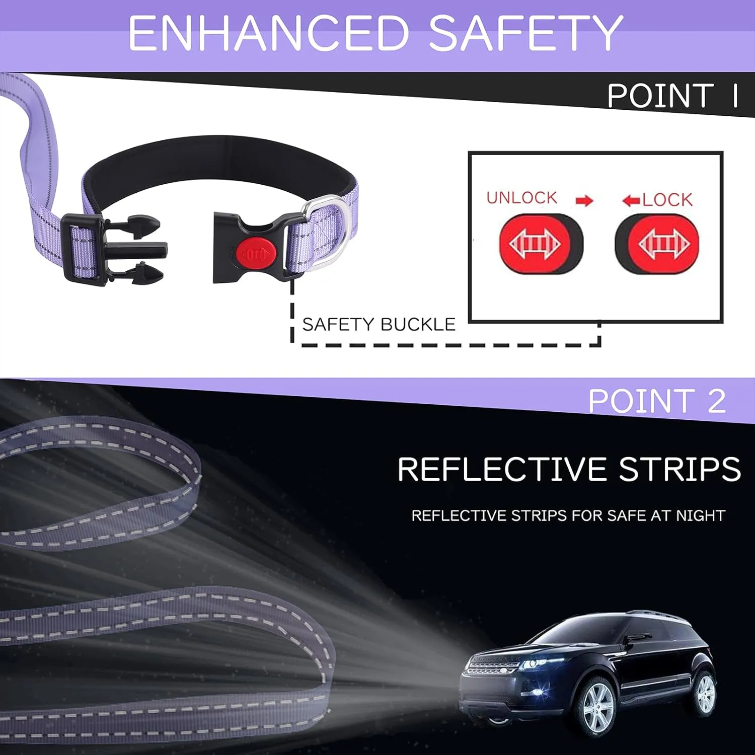 Hands Free Dog Waist Leash - Adjustable Heavy Duty for Small Medium Large Dogs Training Running - Reflective Bungee Elastic With Car Seat Belt 5-7FT Lavender