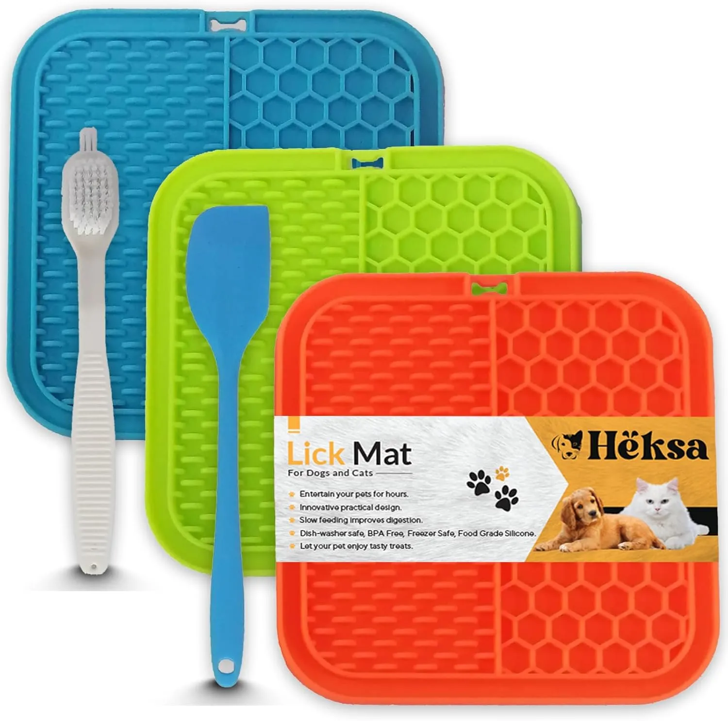 Heksa 3 Pcs Lick Mat for Dogs & Cats, Anxiety Relief & Boredom Reducer with Suction Cups, Spatula & Brush