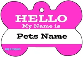 Hello My Name is Custom Art Dog Pet Cat ID Identification Tag Bone Shape Image Photo Personalized with Key Ring (Pink)
