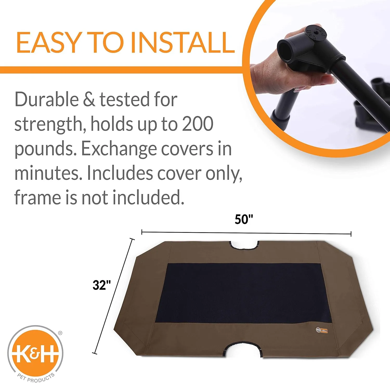 K&H Pet Products Original Pet Cot Replacement Cover (Cot Sold Separately) Chocolate/Black Mesh X-Large 50 X 32 Inches