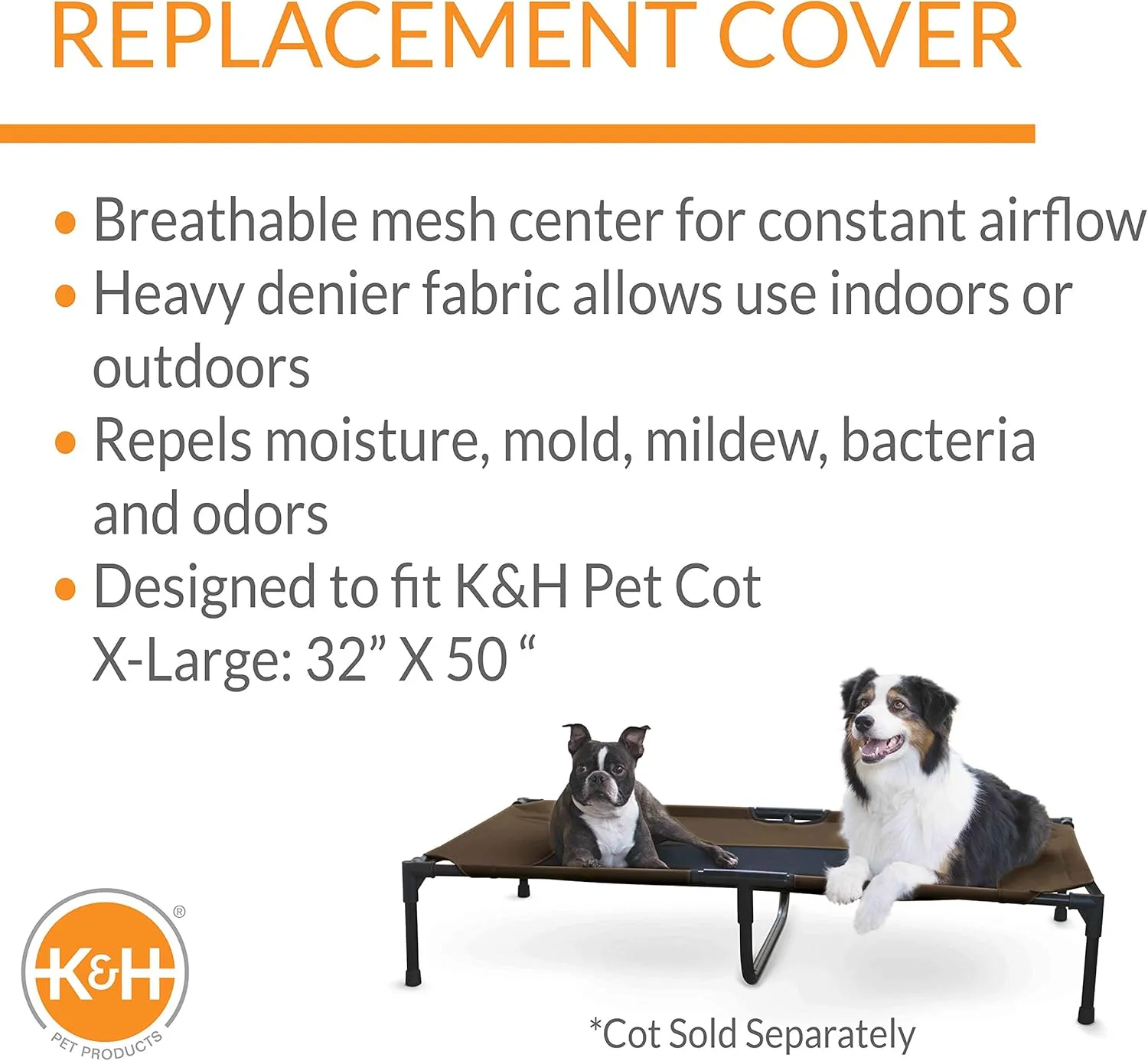 K&H Pet Products Original Pet Cot Replacement Cover (Cot Sold Separately) Chocolate/Black Mesh X-Large 50 X 32 Inches