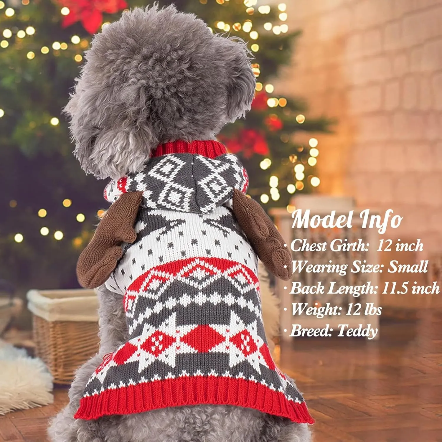 KYEESE Dog Christmas Sweater Hoodie Dog Christmas Outfit with Leash Hole Reindeer Snowflake Red Dogs Knitwear Small Pullover Pet Sweater Christmas, M