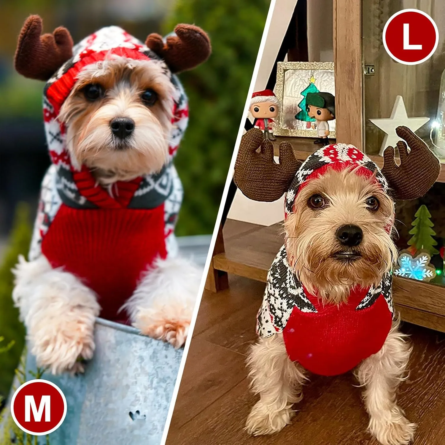 KYEESE Dog Christmas Sweater Hoodie Dog Christmas Outfit with Leash Hole Reindeer Snowflake Red Dogs Knitwear Small Pullover Pet Sweater Christmas, M