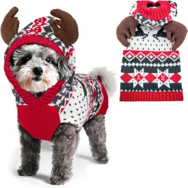 KYEESE Dog Christmas Sweater Hoodie Dog Christmas Outfit with Leash Hole Reindeer Snowflake Red Dogs Knitwear Small Pullover Pet Sweater Christmas, M