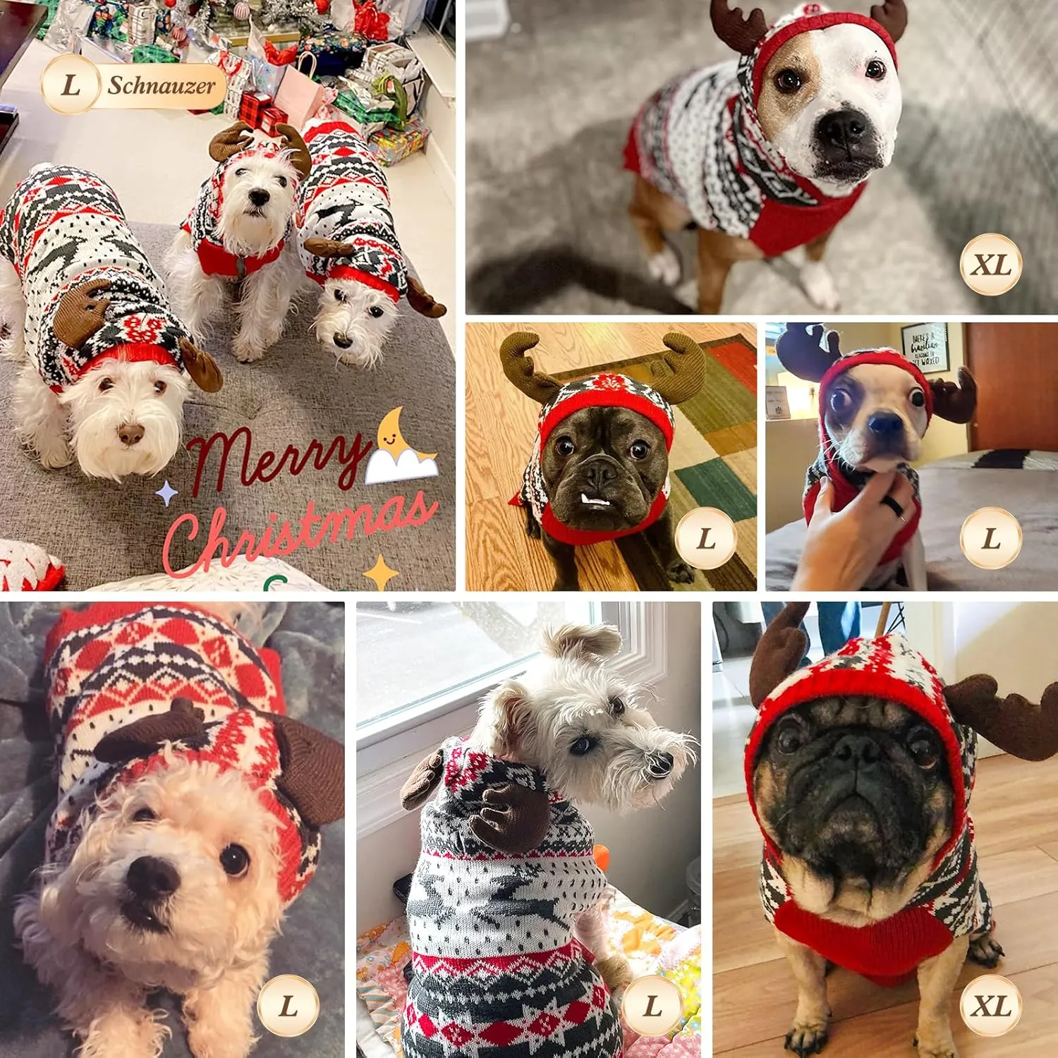 KYEESE Dog Christmas Sweater Hoodie Dog Christmas Outfit with Leash Hole Reindeer Snowflake Red Dogs Knitwear Small Pullover Pet Sweater Christmas, M