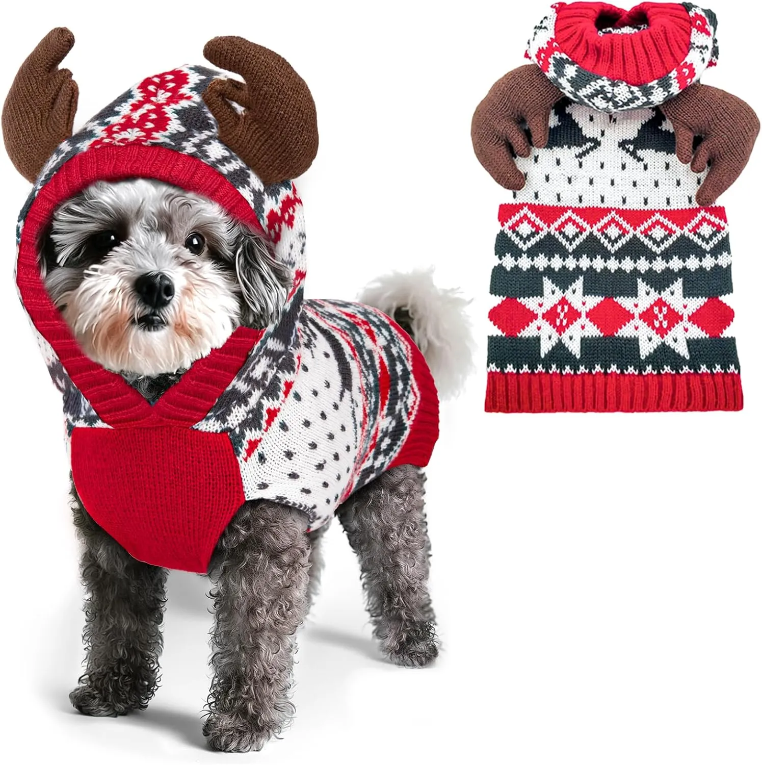 KYEESE Dog Christmas Sweater Hoodie Dog Christmas Outfit with Leash Hole Reindeer Snowflake Red Dogs Knitwear Small Pullover Pet Sweater Christmas, M