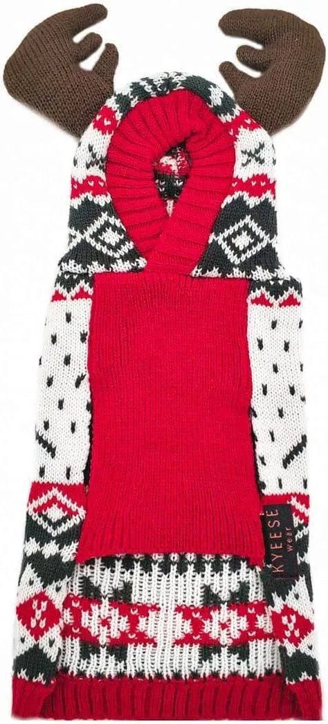 KYEESE Dog Christmas Sweater Red Sweater Hoodie Dog Christmas Outfit with Leash Hole for Medium Dogs Reindeer Snowflake Red Dogs Knitwear Pullover Pet Sweater, 2XL