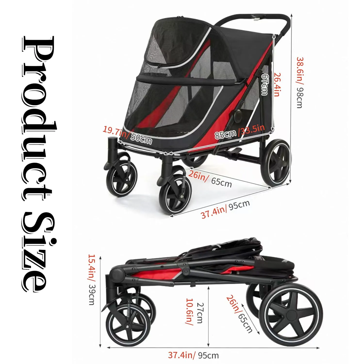 Large Dog Stroller-4 Wheel Pet Strollers for Medium Dogs or 2 Dogs- One-Click Foldable - Large Breathable Mesh & Sunroof - All Terrain Pet Stroller for Medium Senior Dog up to 88 lbs (Red)