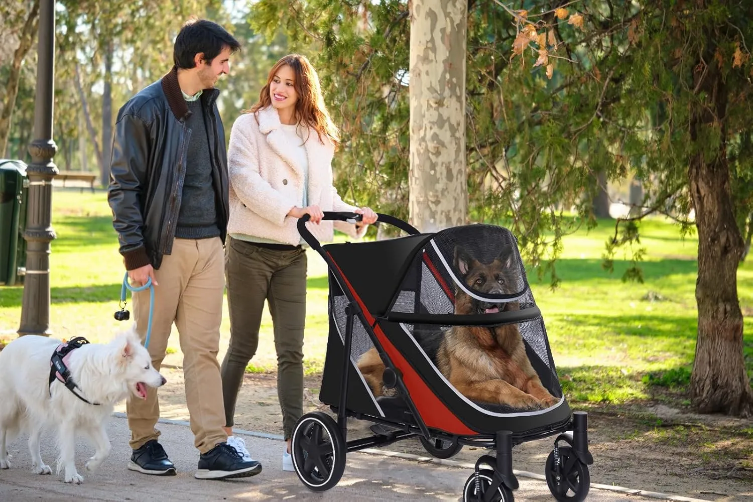 Large Dog Stroller-4 Wheel Pet Strollers for Medium Dogs or 2 Dogs- One-Click Foldable - Large Breathable Mesh & Sunroof - All Terrain Pet Stroller for Medium Senior Dog up to 88 lbs (Red)