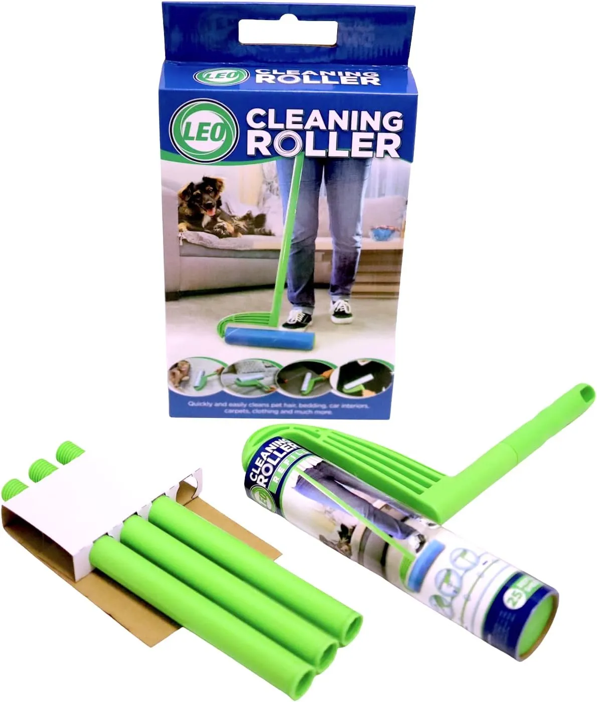 Leo Large 10-Inch Wide Lint Roller Refills 25 Sheets with extendable Handle to 45 inch for Lint Removers Household Cleaning Easily Remove Pet Hair Dust and Debris from Floors Carpets and Furniture