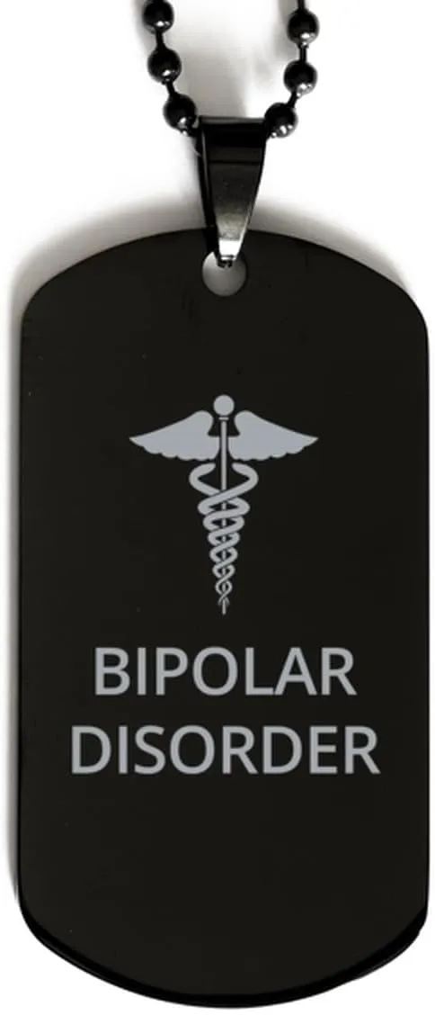 Medical Black Dog Tag, Bipolar Disorder Awareness, Medical Symbol, SOS Emergency Health Life Alert ID Engraved Stainless Steel Chain Necklace For Men Women Kids
