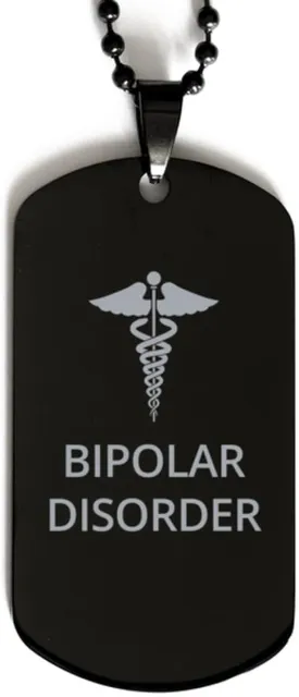 Medical Black Dog Tag, Bipolar Disorder Awareness, Medical Symbol, SOS Emergency Health Life Alert ID Engraved Stainless Steel Chain Necklace For Men Women Kids