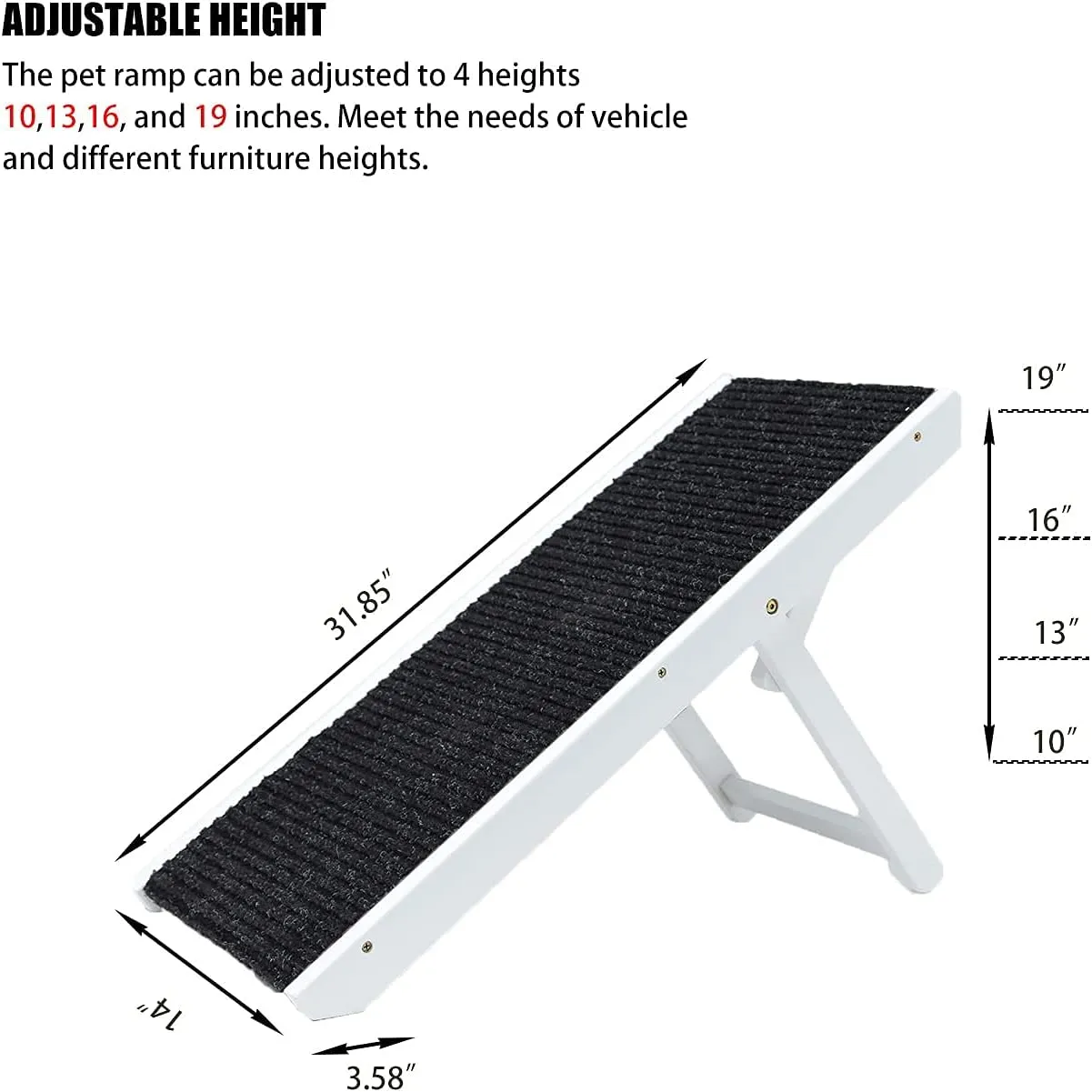 MEWANG 19" Tall Adjustable Pet Ramp - Wooden Folding Portable Dog & Cat Ramp Perfect for Bed and Car - Non Slip Carpet Surface 4 Levels Height Adjustable Ramp Up to 90 Pounds - Small Dog Use Only