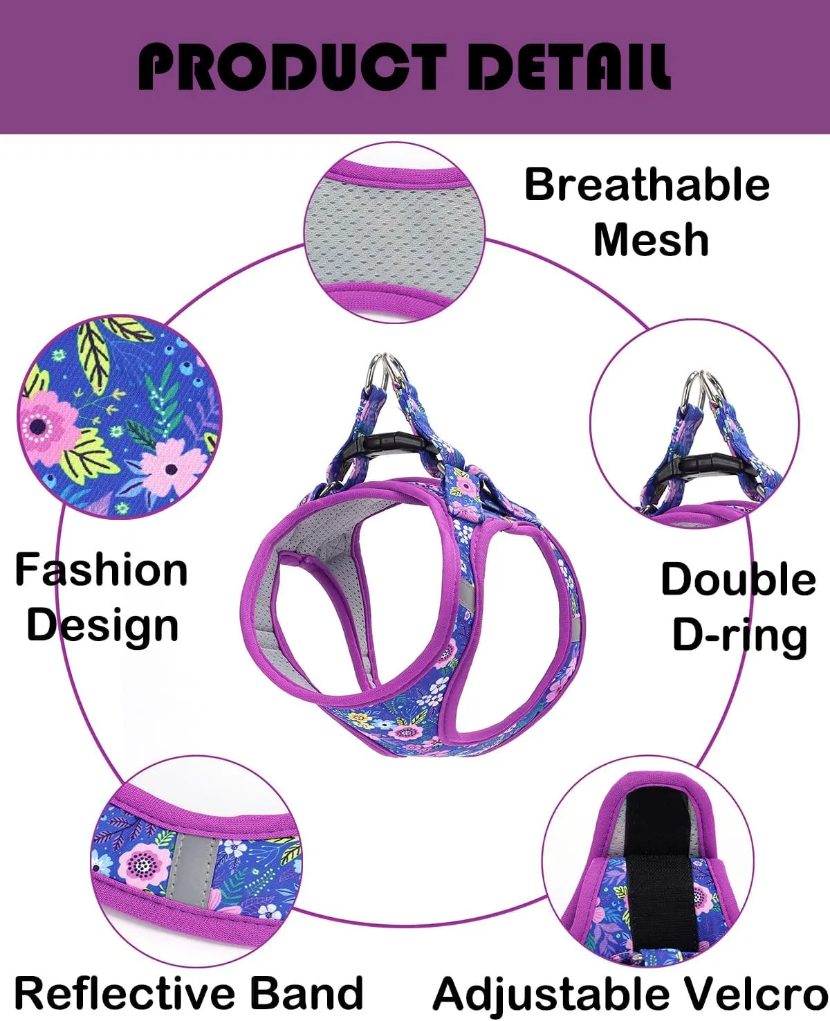 Moonpet Step in Dog Harness Leash Set- All Weather Reflective No-Pull Floral Pattern Padded Mesh Vest Harness for Cats Puppy Extra-Small Small Medium Large Dogs - Dark Flower - XXS