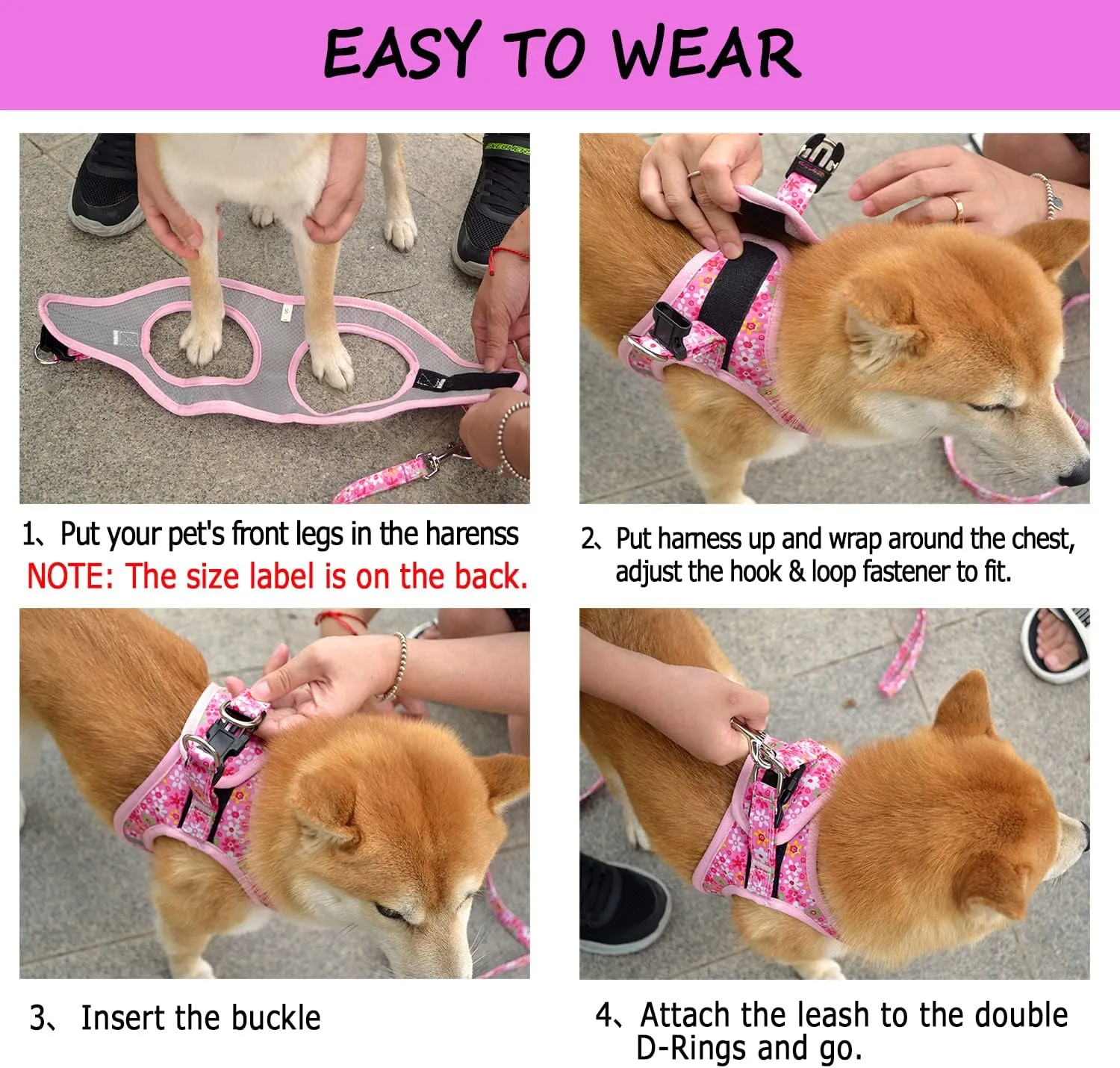 Moonpet Step in Dog Harness Leash Set- All Weather Reflective No-Pull Floral Pattern Padded Mesh Vest Harness for Cats Puppy Extra-Small Small Medium Large Dogs - Dark Flower - XXS