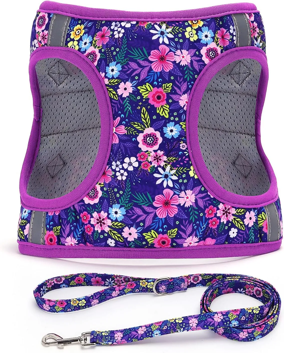Moonpet Step in Dog Harness Leash Set- All Weather Reflective No-Pull Floral Pattern Padded Mesh Vest Harness for Cats Puppy Extra-Small Small Medium Large Dogs - Dark Flower - XXS
