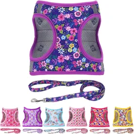 Moonpet Step in Dog Harness Leash Set- All Weather Reflective No-Pull Floral Pattern Padded Mesh Vest Harness for Cats Puppy Extra-Small Small Medium Large Dogs - Dark Flower - XXS