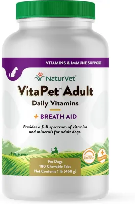 NaturVet - VitaPet Adult Daily Vitamins for Dogs - Plus Breath Aid - Provides a Full Spectrum of Vitamins & Minerals - Enhanced with Omega-6 Fatty Acids (180 Time Release Chewable Tablet