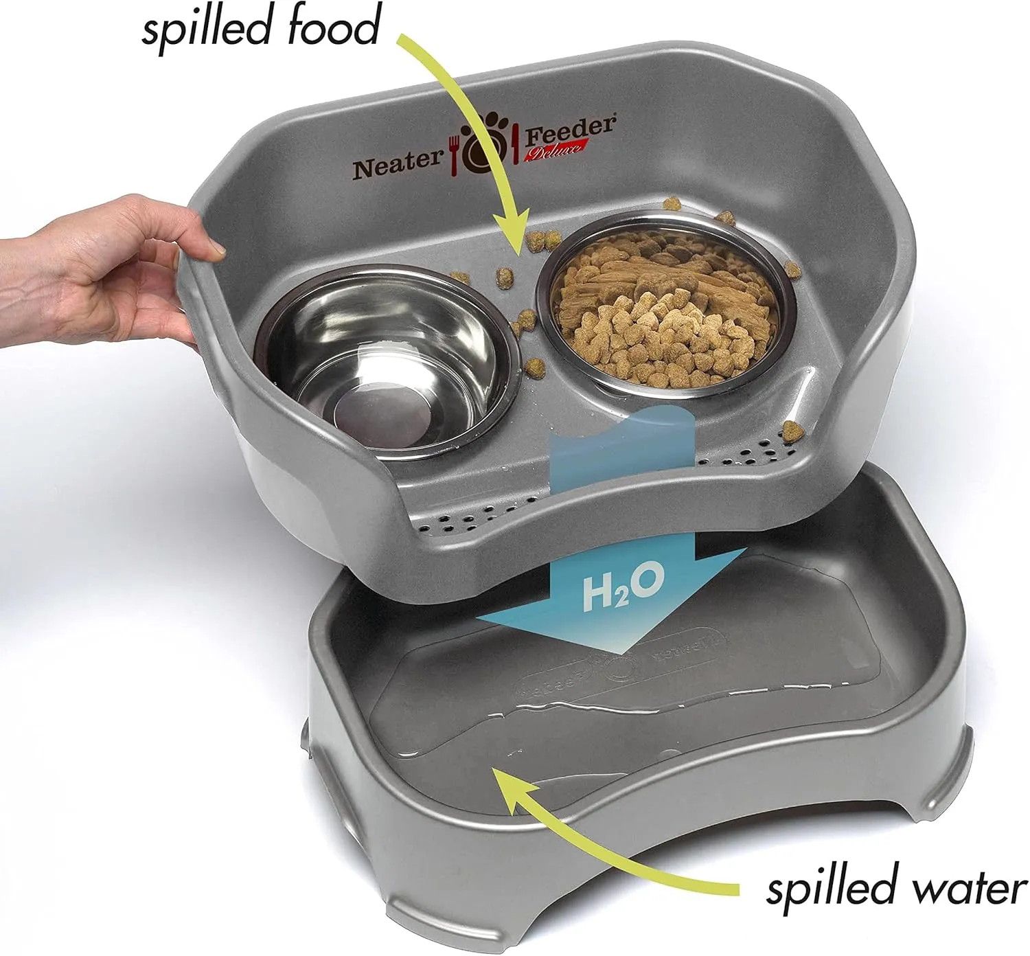 Neater Feeder Deluxe Mess Proof Dog Bowls Elevated Medium Sized Dog Breed  Made in USA  No Spill Raised Dog Food Bowl Stand  Stainless Steel Food and Water Bowl Set, Pet Feeding Station, Grey