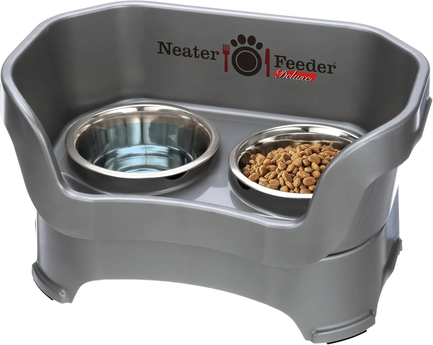 Neater Feeder Deluxe Mess Proof Dog Bowls Elevated Medium Sized Dog Breed  Made in USA  No Spill Raised Dog Food Bowl Stand  Stainless Steel Food and Water Bowl Set, Pet Feeding Station, Grey