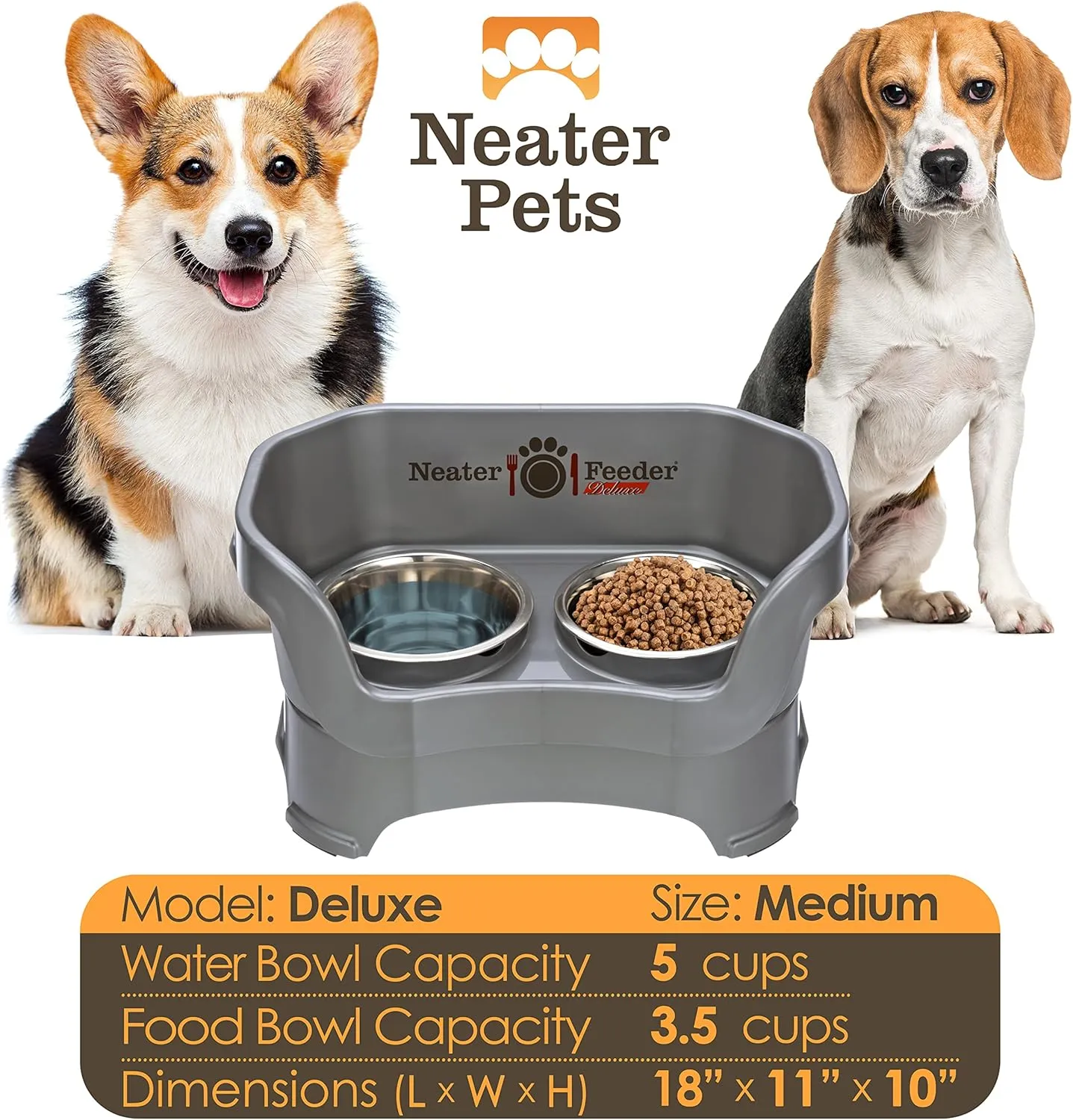 Neater Feeder Deluxe Mess Proof Dog Bowls Elevated Medium Sized Dog Breed  Made in USA  No Spill Raised Dog Food Bowl Stand  Stainless Steel Food and Water Bowl Set, Pet Feeding Station, Grey