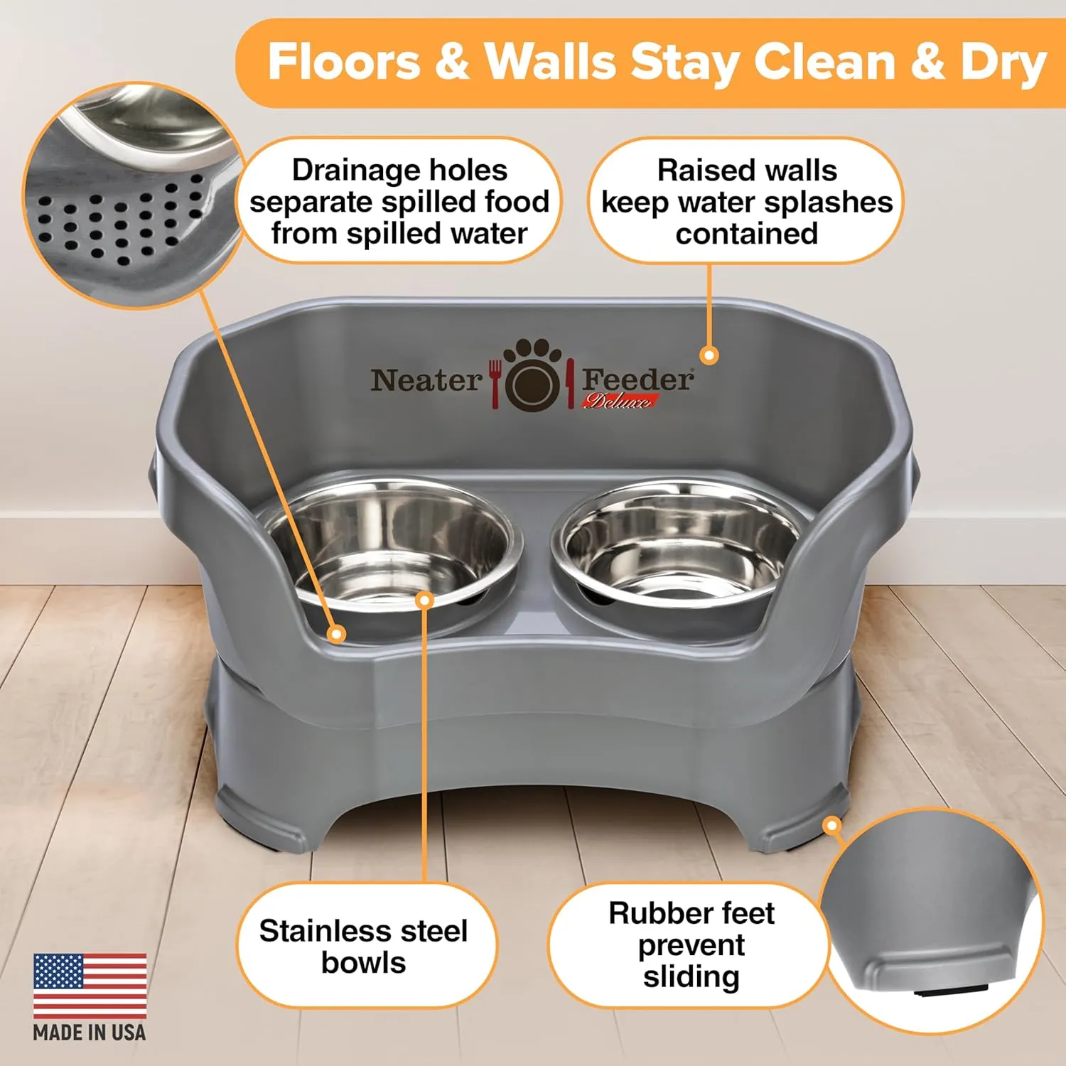 Neater Feeder Deluxe Mess Proof Dog Bowls Elevated Medium Sized Dog Breed  Made in USA  No Spill Raised Dog Food Bowl Stand  Stainless Steel Food and Water Bowl Set, Pet Feeding Station, Grey