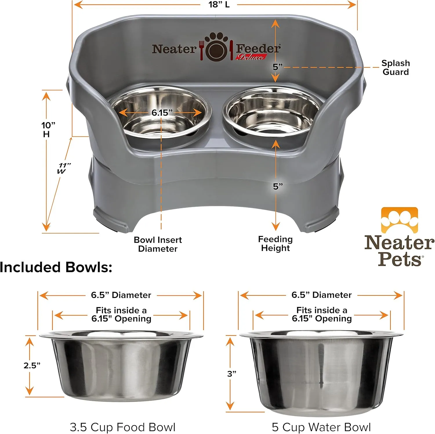 Neater Feeder Deluxe Mess Proof Dog Bowls Elevated Medium Sized Dog Breed  Made in USA  No Spill Raised Dog Food Bowl Stand  Stainless Steel Food and Water Bowl Set, Pet Feeding Station, Grey