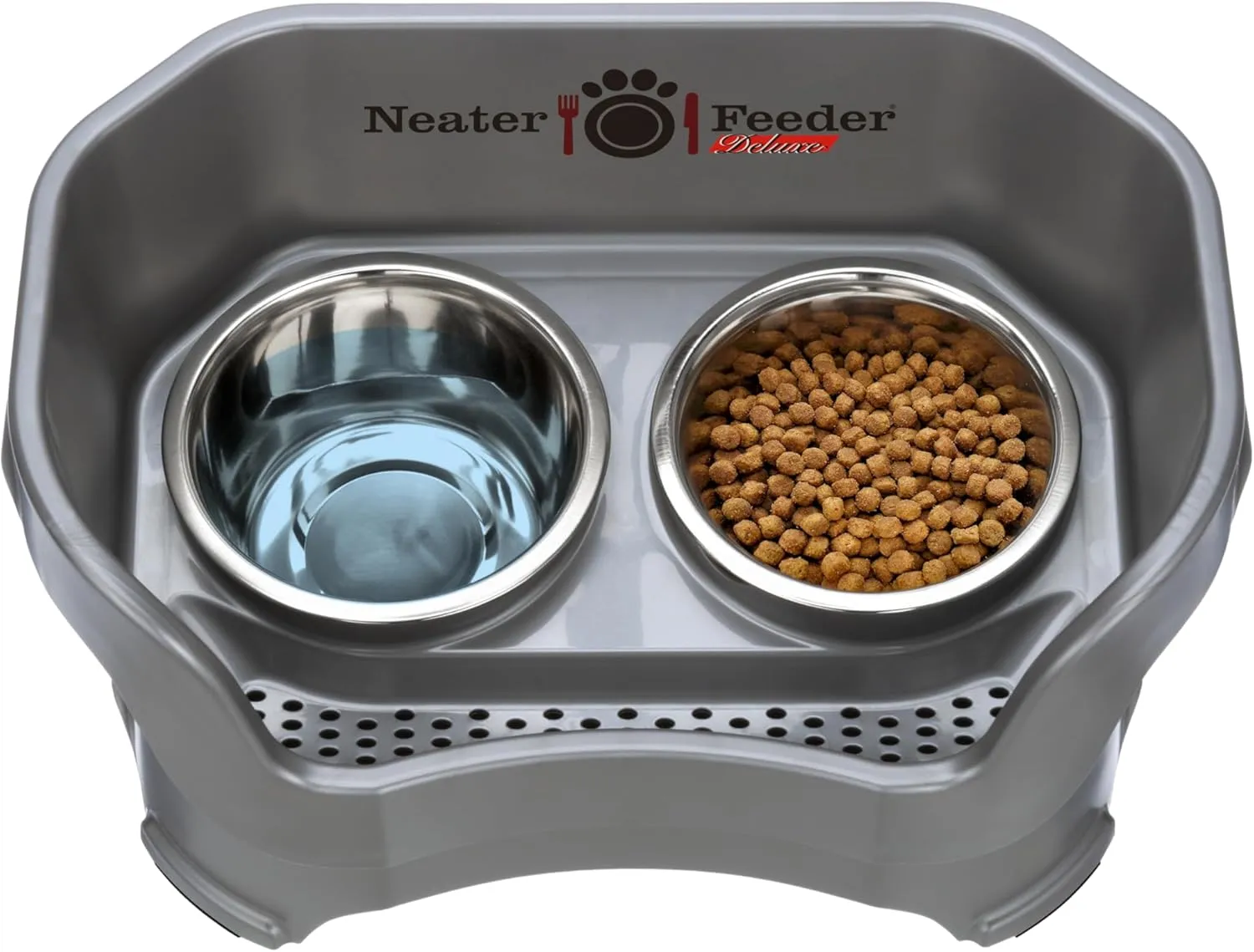 Neater Feeder Deluxe Mess Proof Dog Bowls Elevated Medium Sized Dog Breed  Made in USA  No Spill Raised Dog Food Bowl Stand  Stainless Steel Food and Water Bowl Set, Pet Feeding Station, Grey