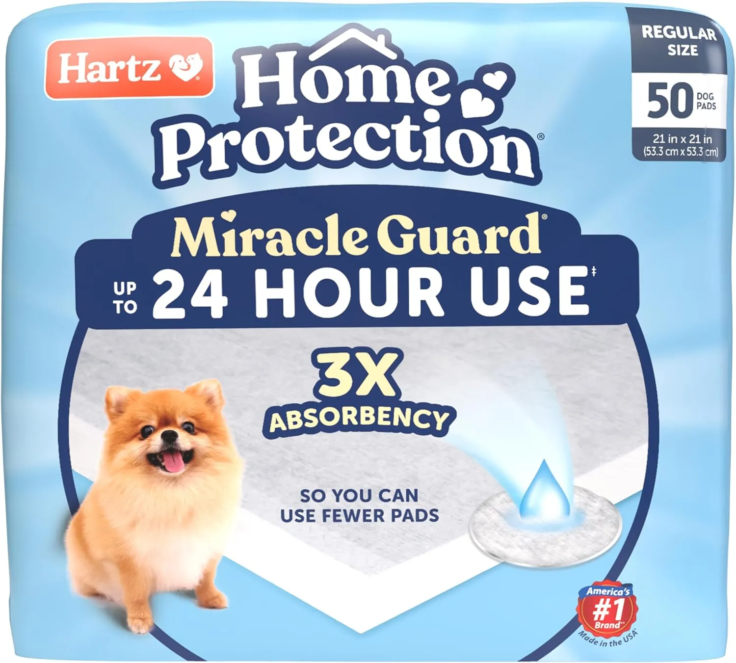 New! Hartz Home Protection Miracle Guard USA Made Dog Pads, Regular Size 50 Count, 3X Absorbency & 3X Longer use, Won't Leak and Odor Eliminating