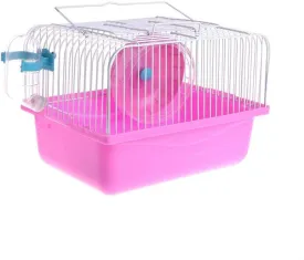 Pet Hamster Cage with Running Wheel Water Bottle Food Basin Portable Carrier House Mice Home Habitat for Going Out, Traveling (Pink)
