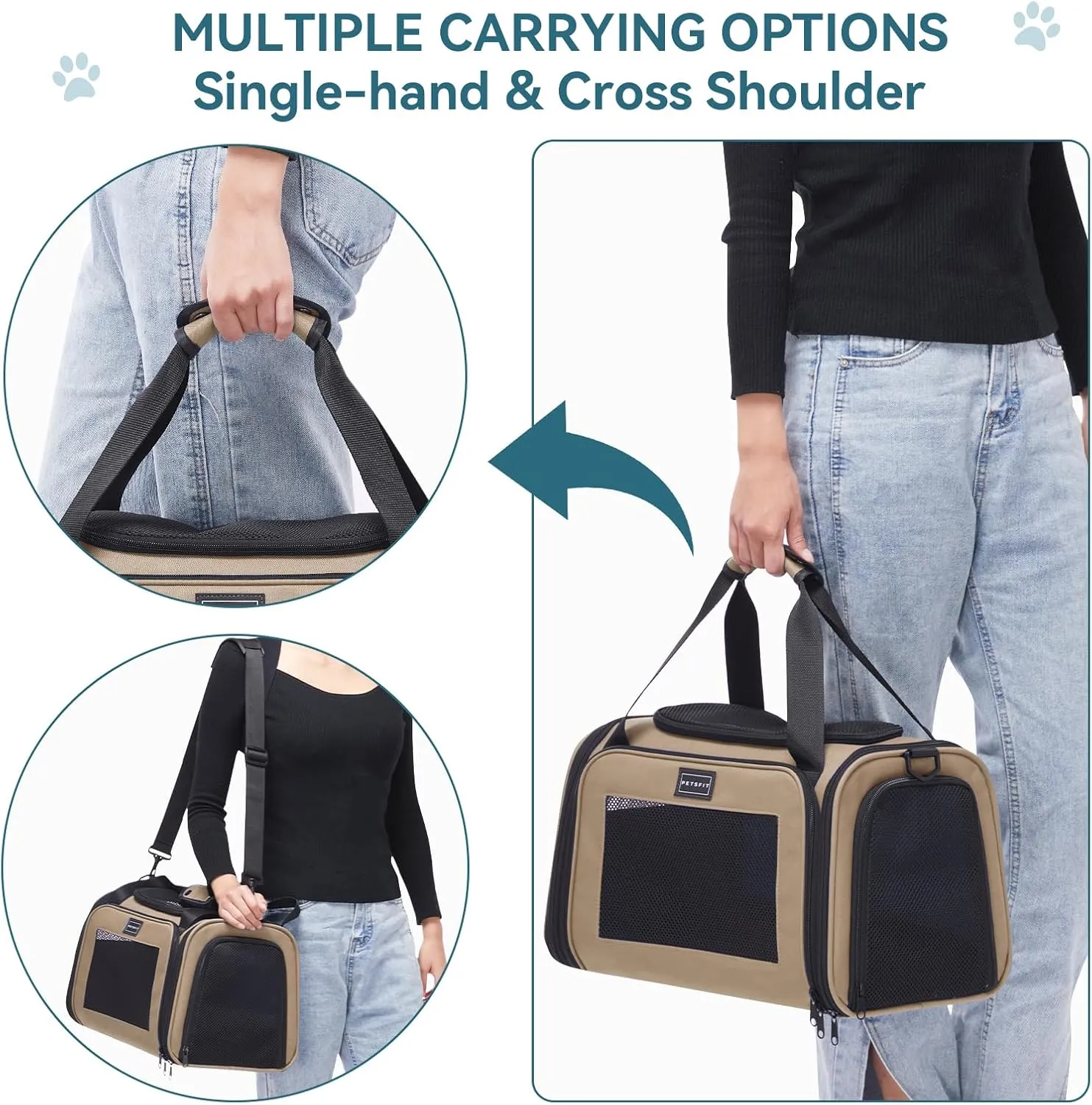 PETSFIT PET Carrier for Cat, Small Dogs, Dog Carrier Airline Approved, TSA Approved Soft Cat Carrier for Travel, Small Animal Carrier for Pets Under 12 Lbs, Khaki