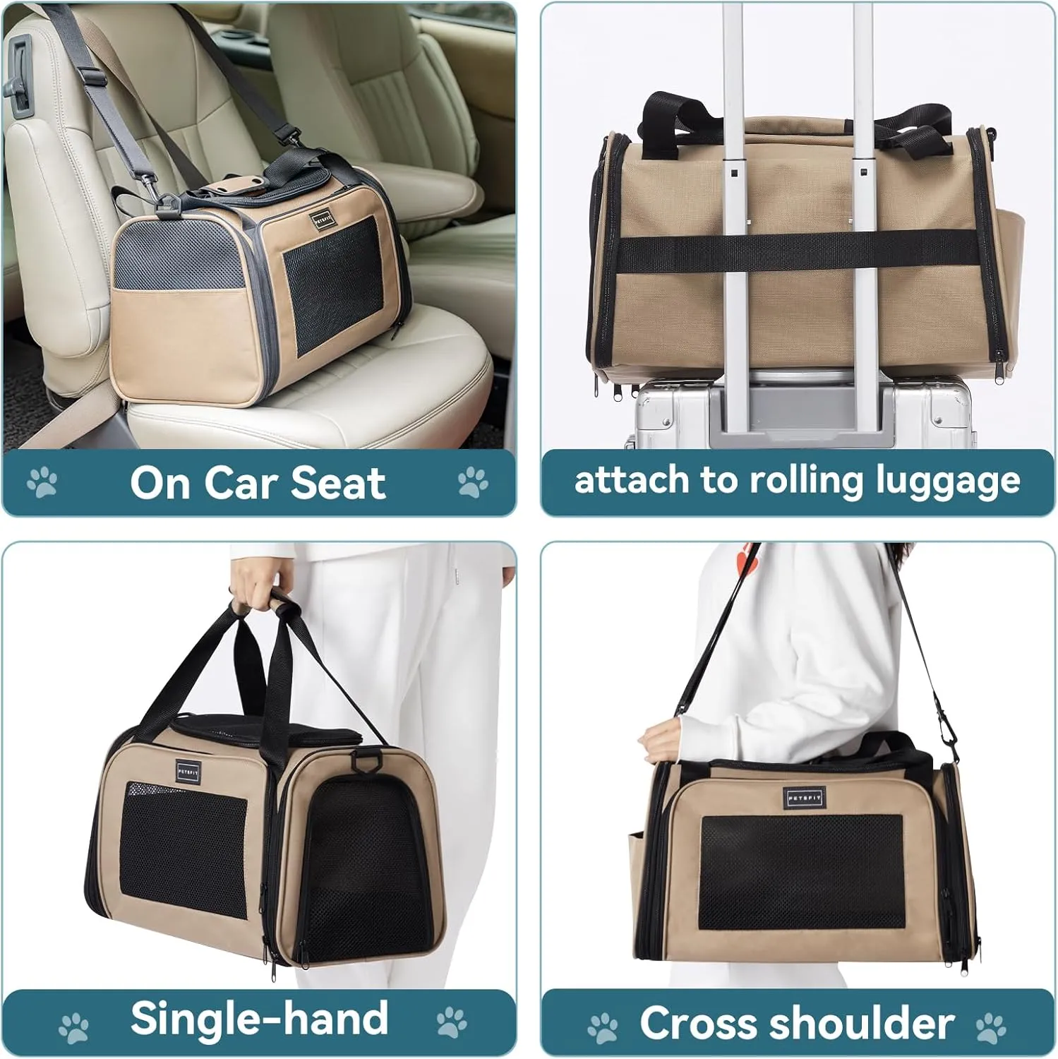 PETSFIT PET Carrier for Cat, Small Dogs, Dog Carrier Airline Approved, TSA Approved Soft Cat Carrier for Travel, Small Animal Carrier for Pets Under 12 Lbs, Khaki