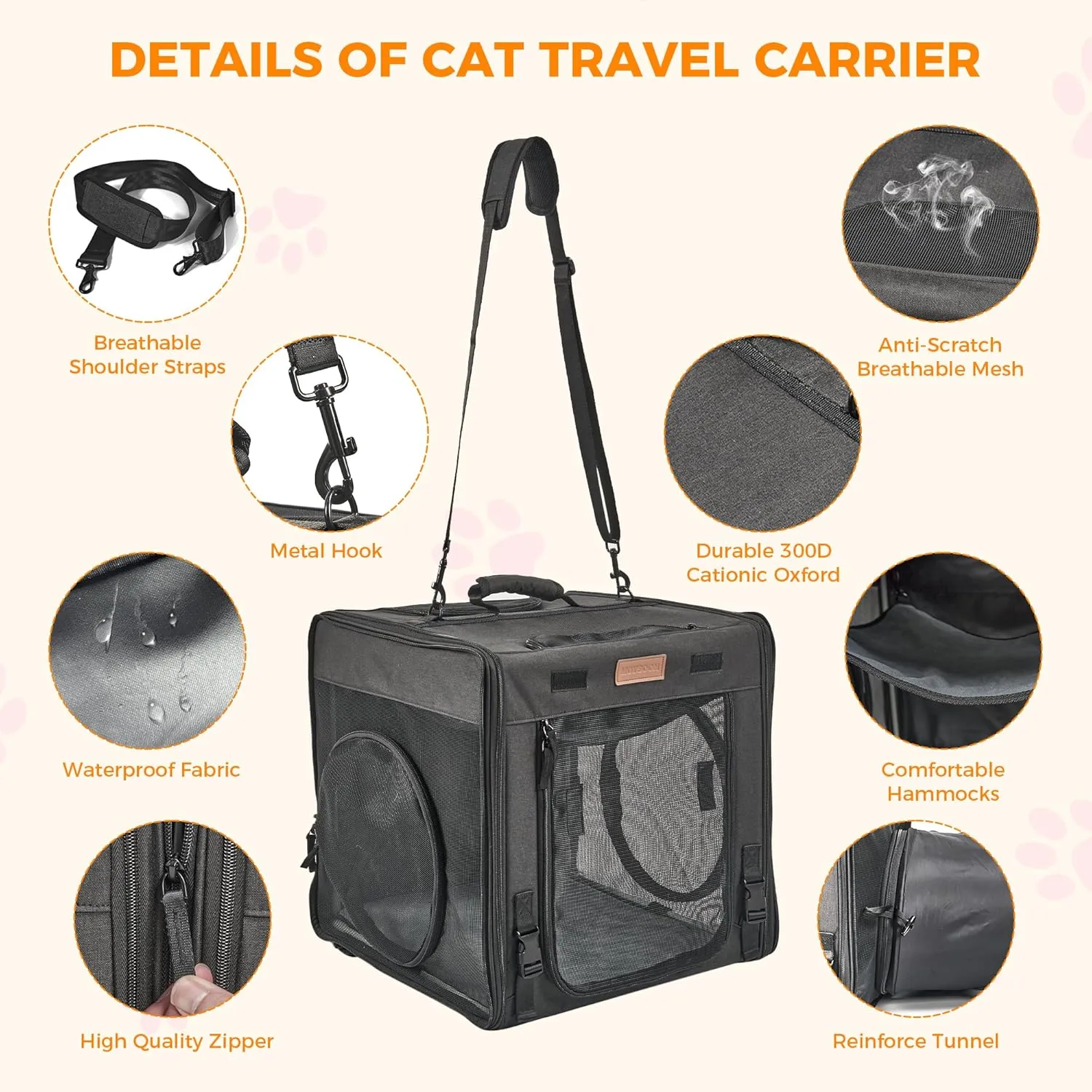 PETUX 2-in-1 Large Cat Carrier for 2 Cats, Portable Collapsible Double Cat Travel Carrier with Litter Box, Tunnels and Hammock - As Cats Toys, Ideal for Gifts, Travel  Vet Visit (34"x17"x17", Black)