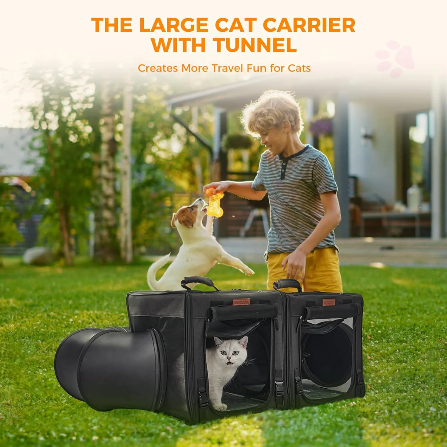 PETUX 2-in-1 Large Cat Carrier for 2 Cats, Portable Collapsible Double Cat Travel Carrier with Litter Box, Tunnels and Hammock - As Cats Toys, Ideal for Gifts, Travel  Vet Visit (34"x17"x17", Black)