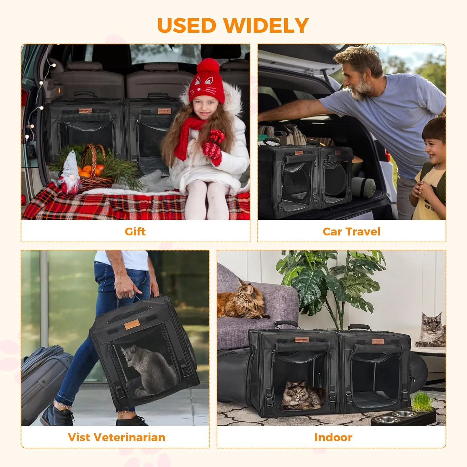 PETUX 2-in-1 Large Cat Carrier for 2 Cats, Portable Collapsible Double Cat Travel Carrier with Litter Box, Tunnels and Hammock - As Cats Toys, Ideal for Gifts, Travel  Vet Visit (34"x17"x17", Black)