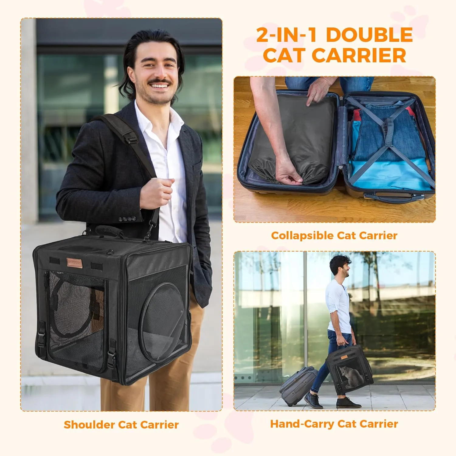 PETUX 2-in-1 Large Cat Carrier for 2 Cats, Portable Collapsible Double Cat Travel Carrier with Litter Box, Tunnels and Hammock - As Cats Toys, Ideal for Gifts, Travel  Vet Visit (34"x17"x17", Black)