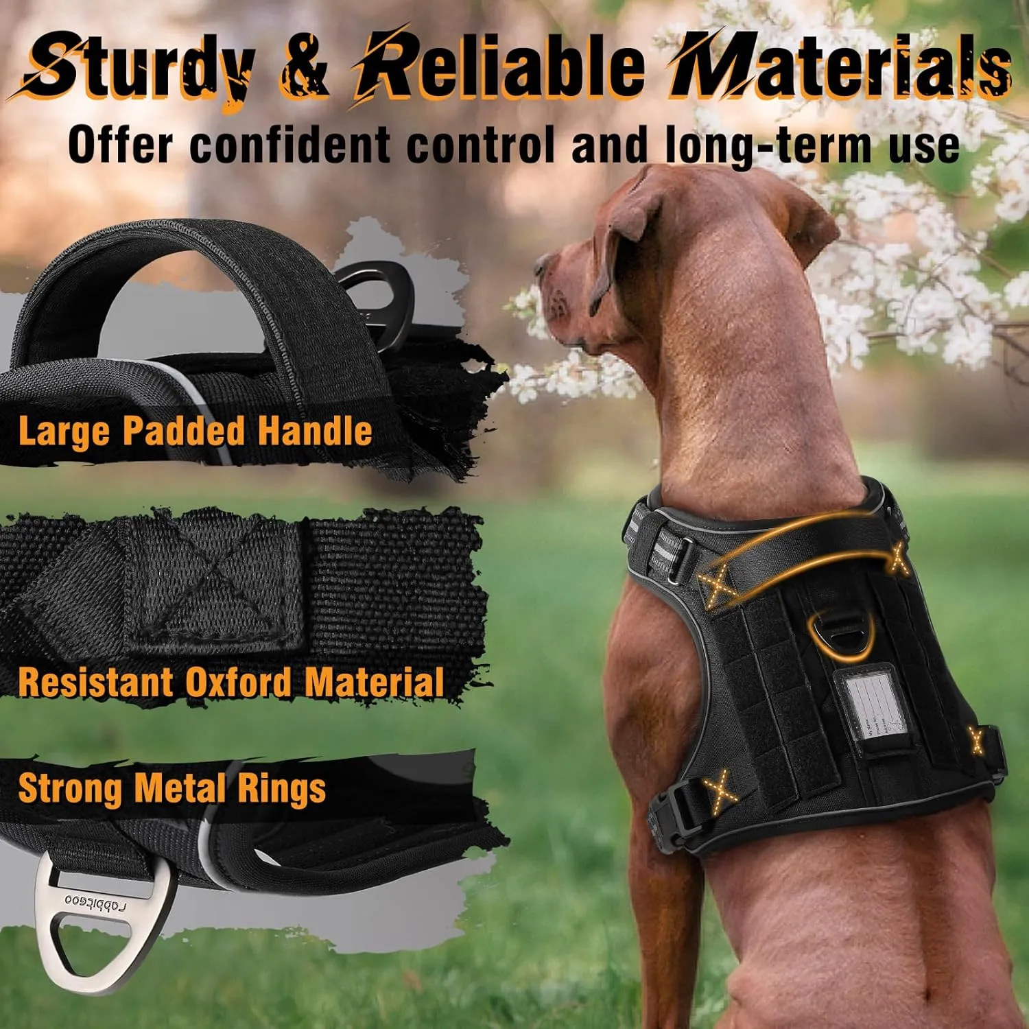 rabbitgoo Dog Harness Medium Sized No Pull, Tactical Service Pet Vest with Molle and Control Handle, Adjustable and Reflective Military Harness for Easy Walking and Training, Black, M