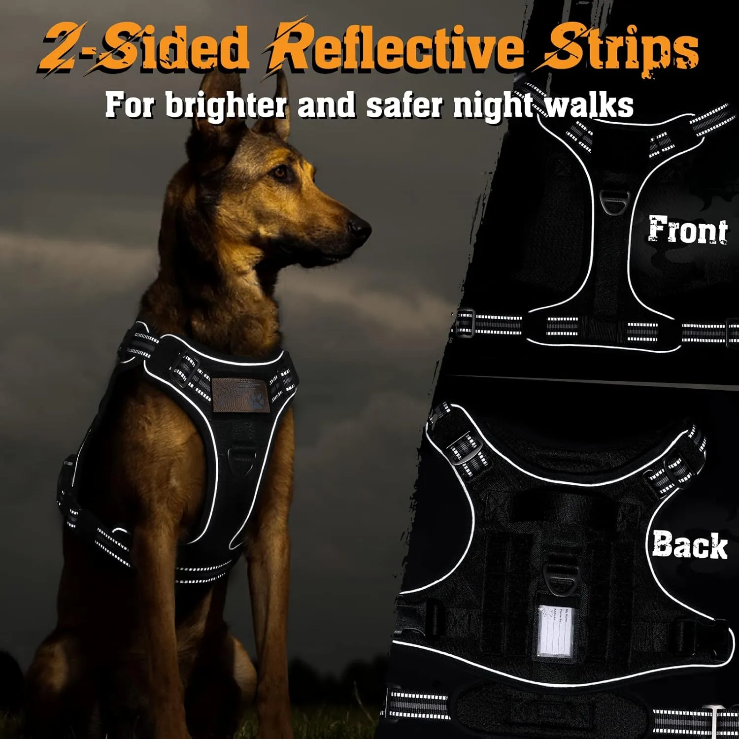 rabbitgoo Dog Harness Medium Sized No Pull, Tactical Service Pet Vest with Molle and Control Handle, Adjustable and Reflective Military Harness for Easy Walking and Training, Black, M
