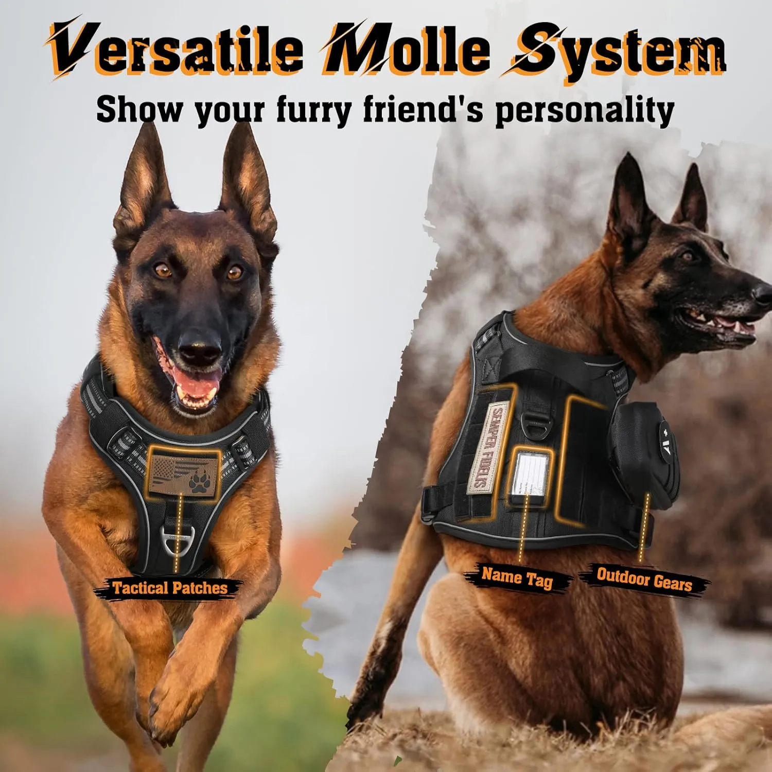 rabbitgoo Dog Harness Medium Sized No Pull, Tactical Service Pet Vest with Molle and Control Handle, Adjustable and Reflective Military Harness for Easy Walking and Training, Black, M