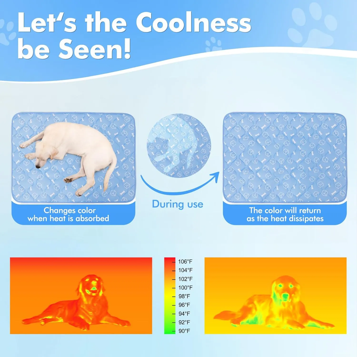Rywell Dog Cooling Mat 2.0,44 * 32 Thicken Cooling Mat for Extra Large Dog, Internal Waterproof& Endothermic Color Changing Arc-Chill Cool Fiber(QMAX>0.5) for Pet in Summer, Washable, Non-Toxic