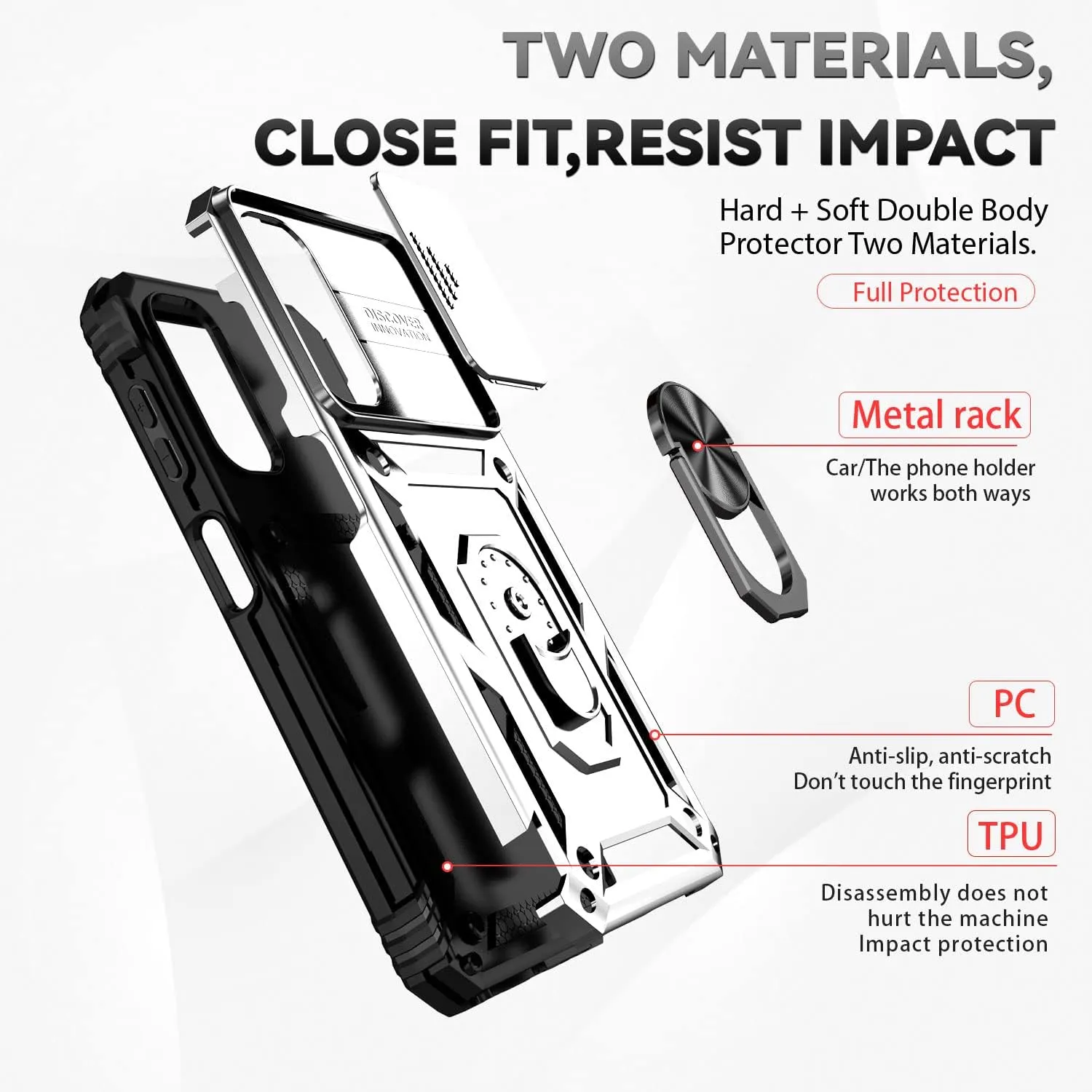 Samsung Galaxy A14 5G Case With Screen Protectors and Camera Cover - Military Grade 16ft. Drop Tested Cover With Magnetic Kickstand, Silver