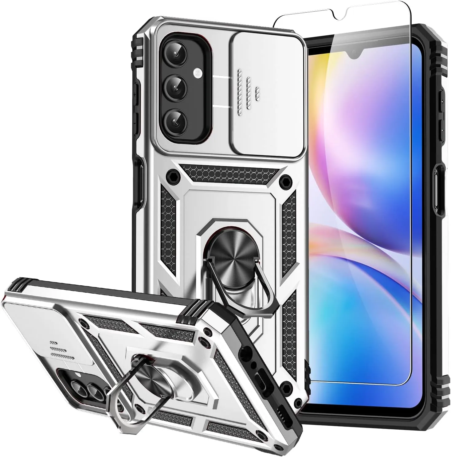 Samsung Galaxy A14 5G Case With Screen Protectors and Camera Cover - Military Grade 16ft. Drop Tested Cover With Magnetic Kickstand, Silver