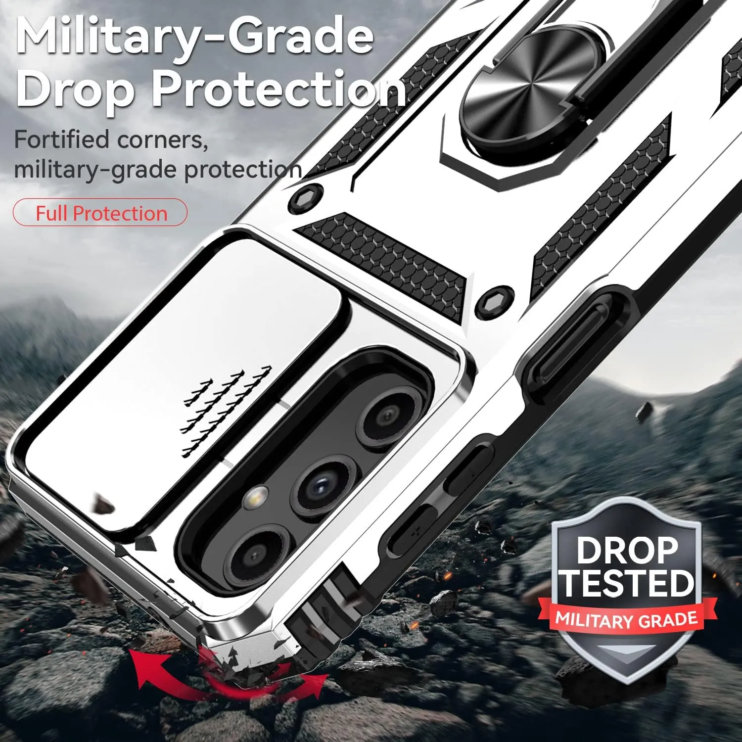 Samsung Galaxy A14 5G Case With Screen Protectors and Camera Cover - Military Grade 16ft. Drop Tested Cover With Magnetic Kickstand, Silver